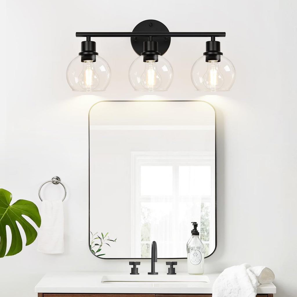 3-Light Bathroom Light Fixtures, Black Bathroom Lights Over Mirror with Clear Glass Globe Shade, Vanity Lights