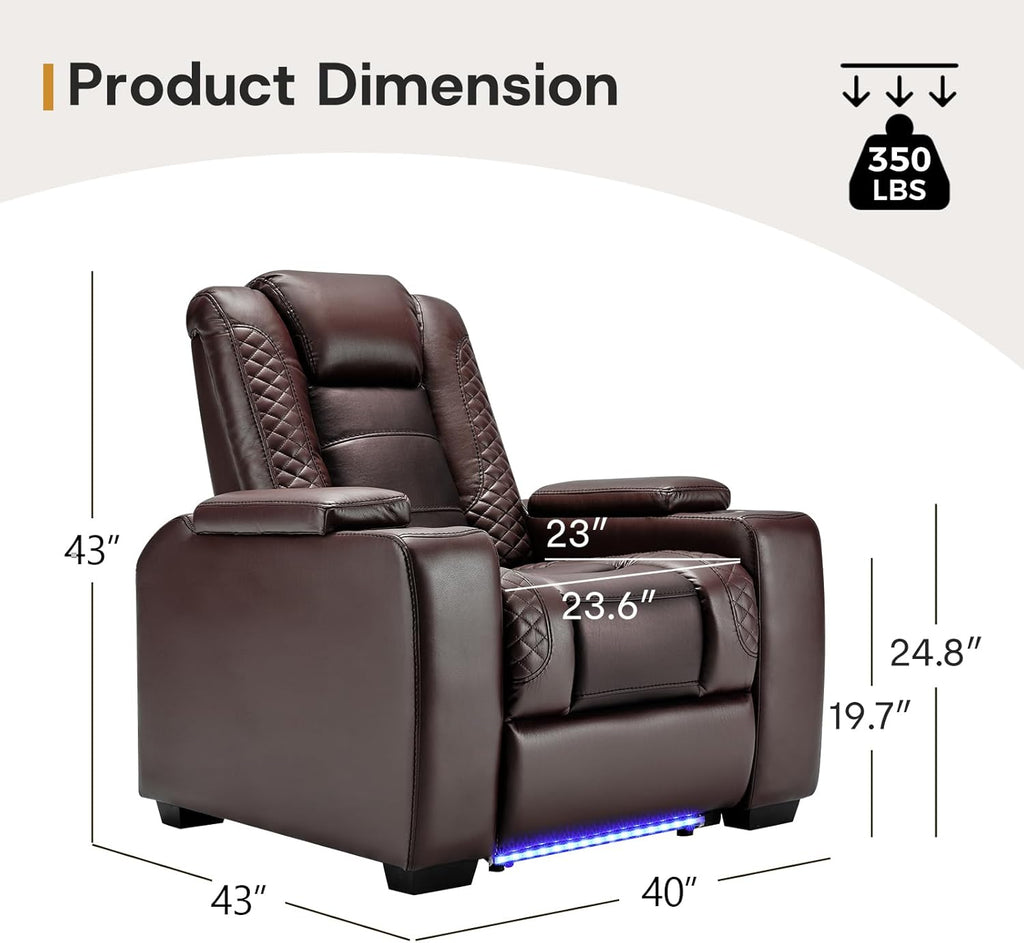 Power Home Theater Seating, PU Leather Electric Recliner Chair with Powered Headrest, Dual Motors Movie Reclining Chairs with LED Lights,USB Port, Cup Holders, Hidden Arm Storage (Brown)