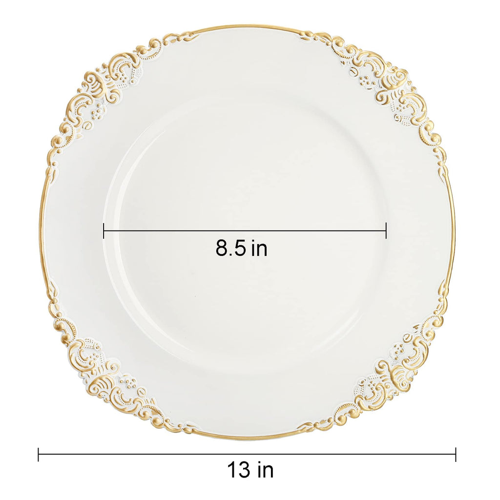 12 Pack Plastic Round Charger Plates, 13" Dinner Charger Dessert Plates with Gold Rim, Vintage Charger Serving Plates