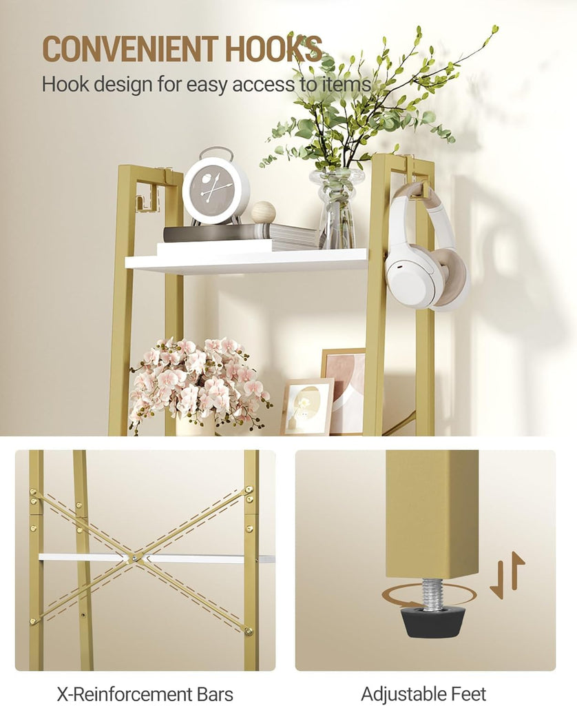 Ladder Shelf, Bookshelf Bookcase, Freestanding Corner Storage Shelve with 2 Hooks, Industrial