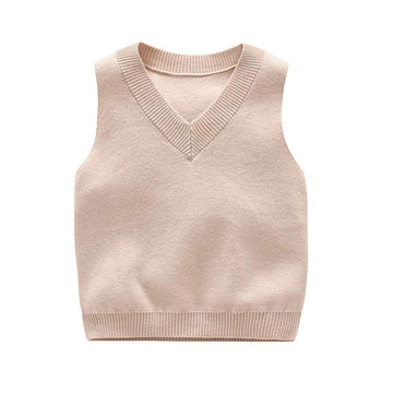 Baby Boys Girls V Neck Comfort Knitted Sleeveless Pullover Sweater Vest Beige