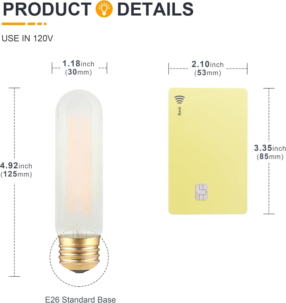 Frosted T10 LED Bulb- Dimmable E26 LED Chandelier Light Bulbs 25W Equivalent- 2700K Soft Warm- 2W Vintage Tubular (3 Count)