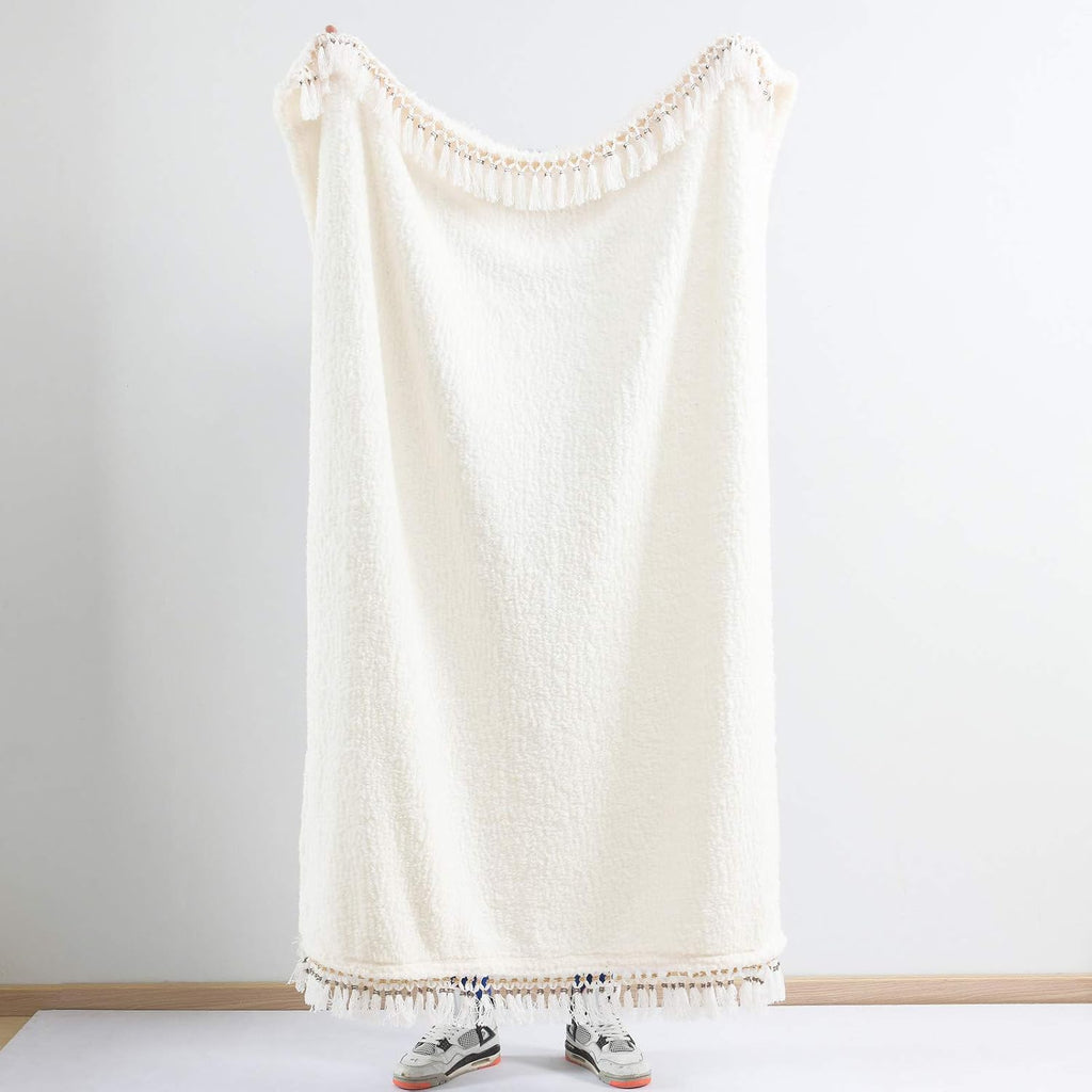 Ultra Soft Cozy Throw Blanket, Light Weight Warm Decorative Throw Blanket with Tassel, Solid Antique White Pattern