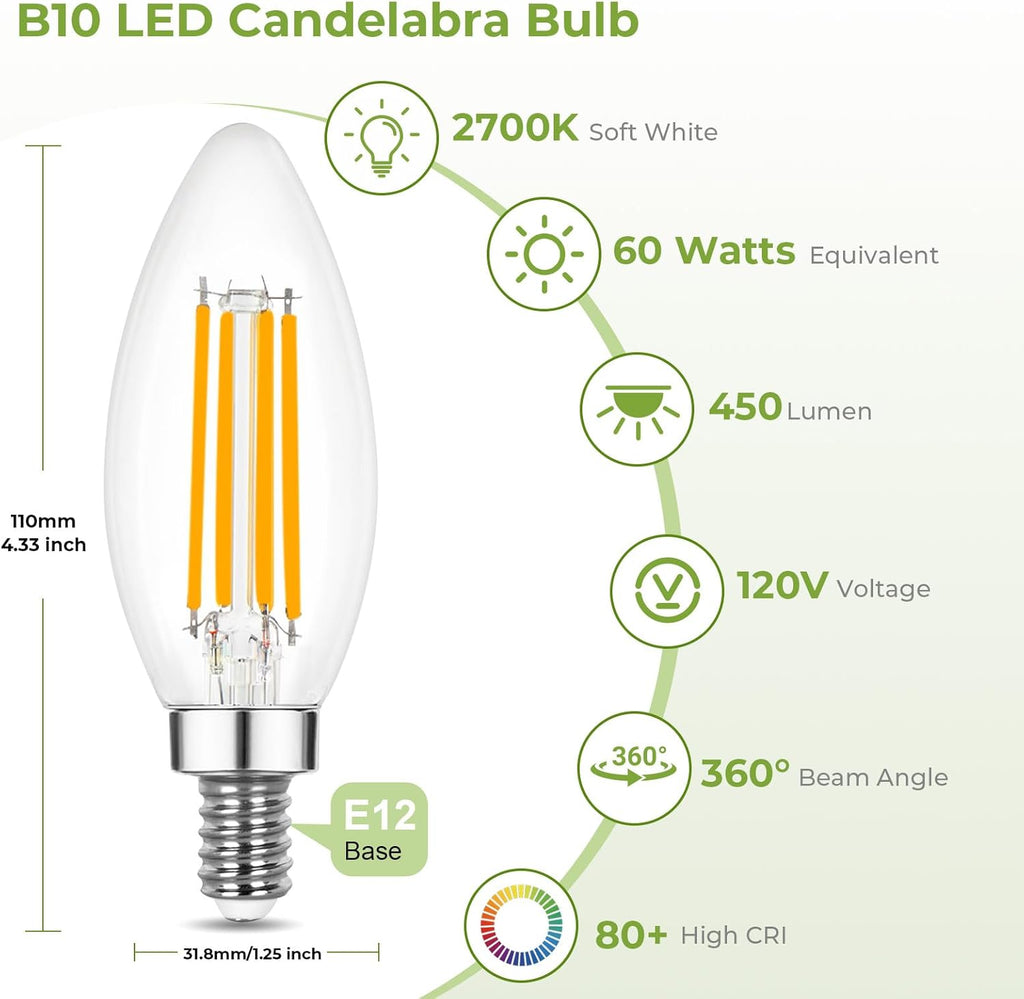 LED Candelabra Light Bulbs, Dimmable E12 LED Bulb 60W Equivalent, 2700K Soft White, B10 Candle Bulbs for Chandelier