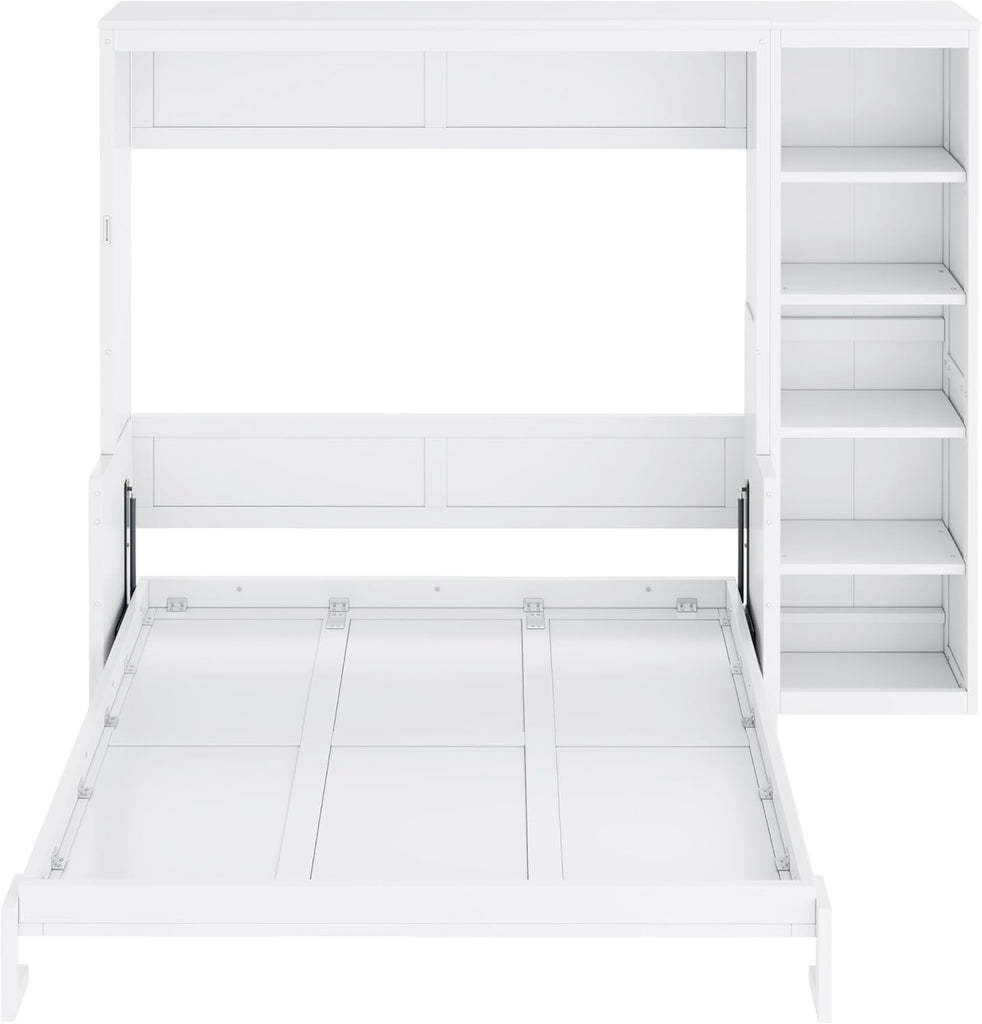 Queen Murphy Bed with Desk and Bookshelf, Space-Saving Design Foldable Wall Bed, Fold into The Wall, Pine Wood