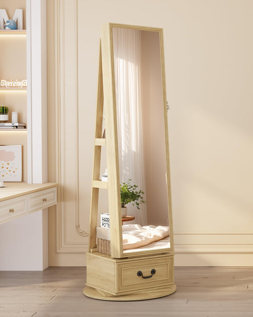 Mirror Jewelry Cabinet Standing with Lights, Lockable, Swivel, Wood