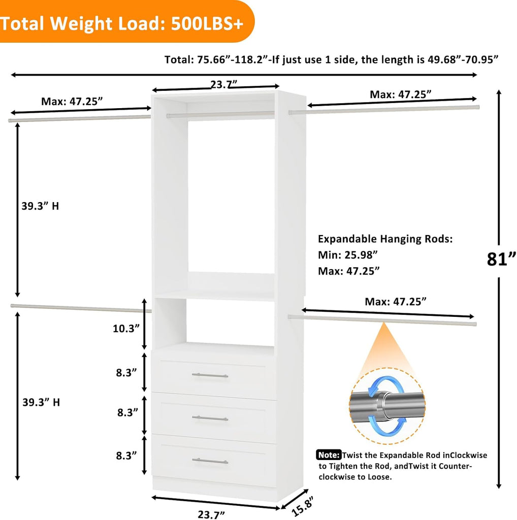 Closet System with 3 Drawers, 5-9FT Modular Organizer | Walk-in Closet Organizer System with 5 Expandable Hanging