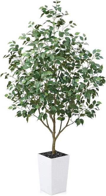 6FT Artificial Ficus Tree with White Taper Planter & Pebbles- Tall Faux Trees with UV Resistant Silk Leaves Outdoor