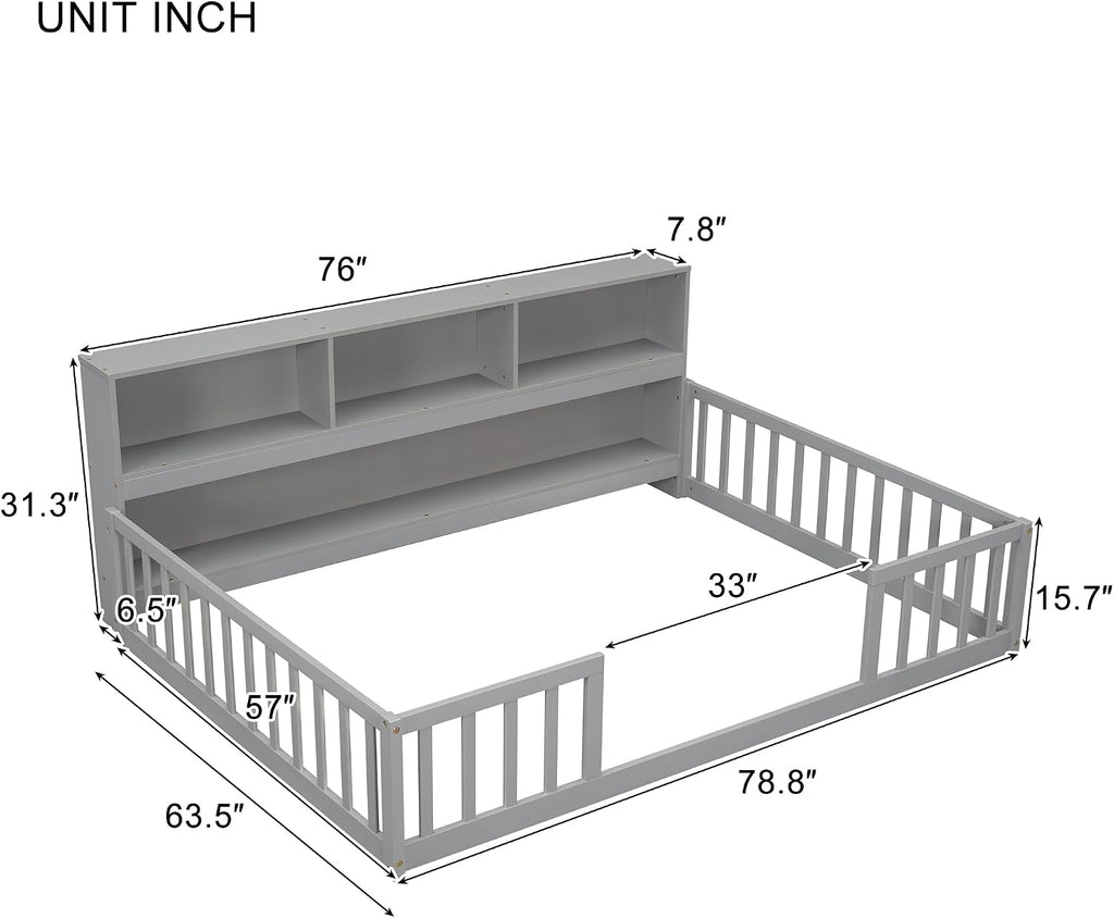 Kids Montessori Floor Bed,Full Size Floor Bed with Bookcase and Shelves,Full Bed Frame with Guardrails for
