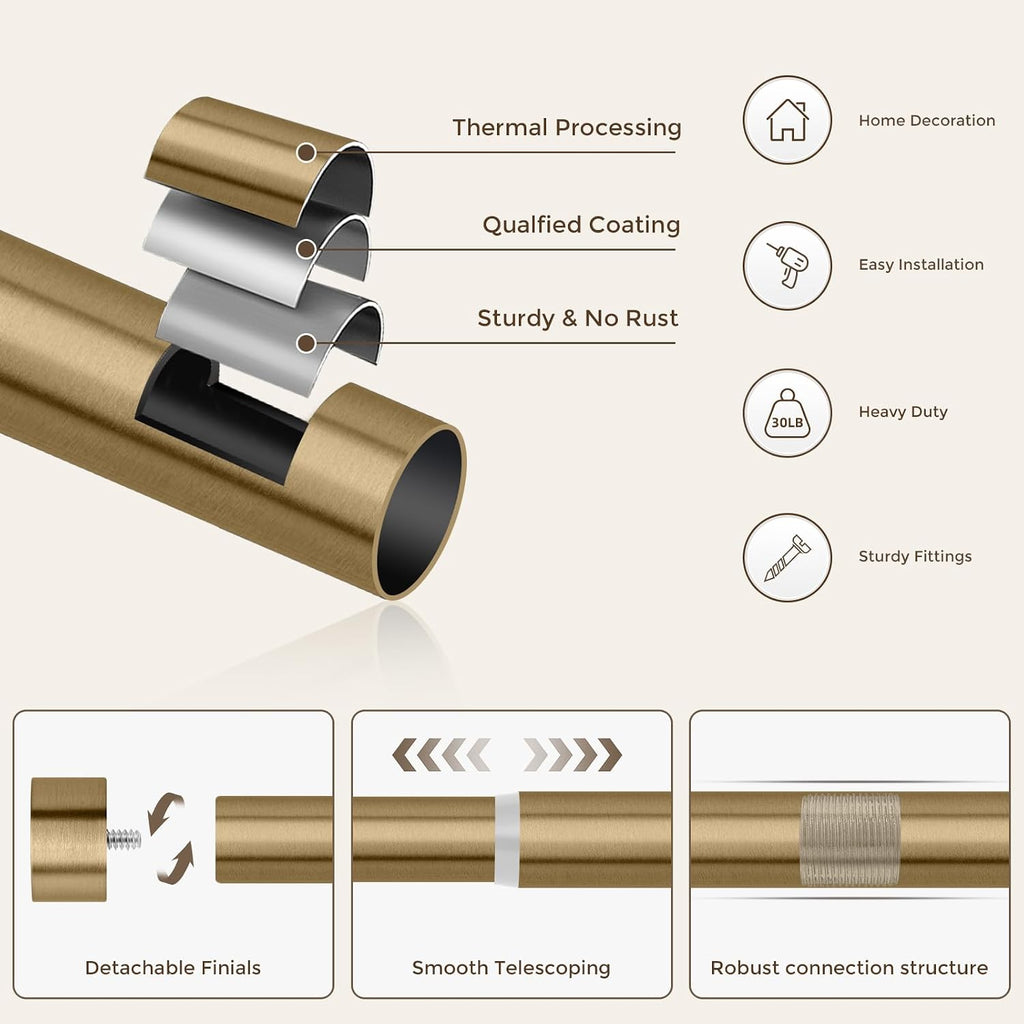 Warm Gold Curtain Rod, Heavy Duty Brass Curtain Rods for Window, 1" Diameter Adjustable Window