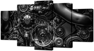 5 Piece Canvas Prints Engine Engineering Closeup Gear And Chain Black And White Photos Wall Art Modern Home Decor