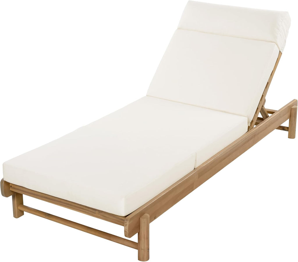 Outdoor Chaise Lounge, 4-Fold Cushion with Built-in Headrest, Acacia Wood Recliner Chair with Slatted Design