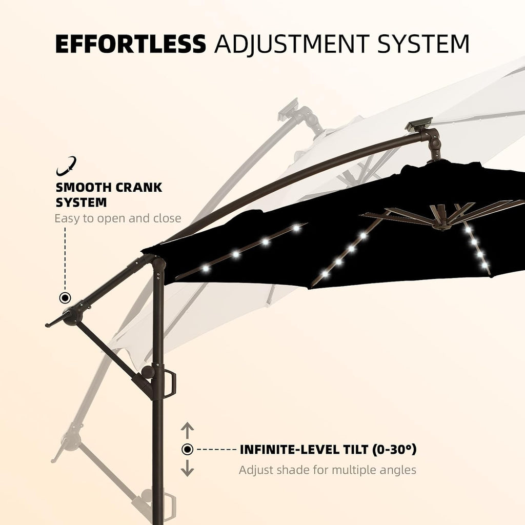 10ft Solar LED Offset Patio Umbrella, Outdoor Cantilever Patio Umbrellas with Solar Lights and Garden