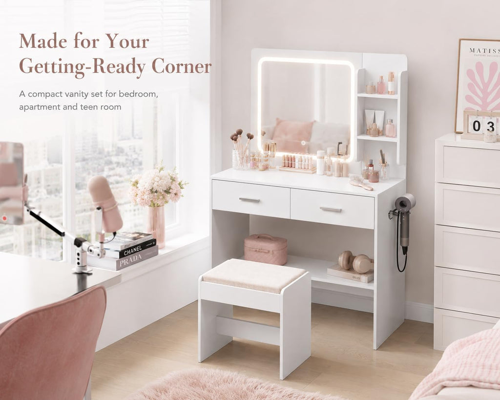 Makeup Vanity Desk with Lighted Mirror and Charging Station, White Vanity Table Set with Stool, 2 Drawers, 2 Shelves