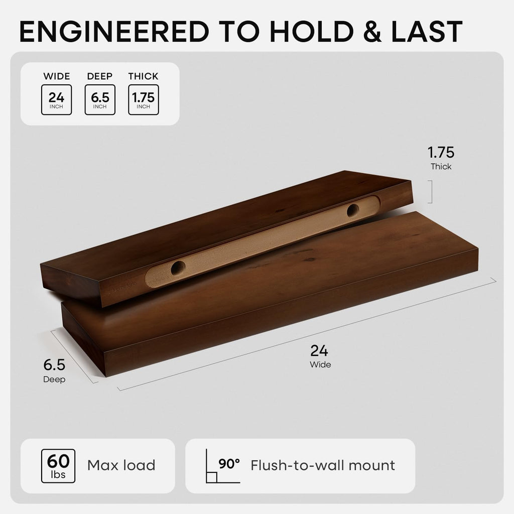 24inch Walnut Floating Shelves for Wall, High End Solid Real Wood 24in Floating Shelf , Dark Brown 24 inch Long