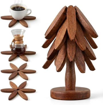 Wooden Trivets for Hot Dishes, Foldable Tree Trivet Set with Stand, 4-Layer Walnut Wood Trivet for Pots, Pans, Coffee - Set of 4