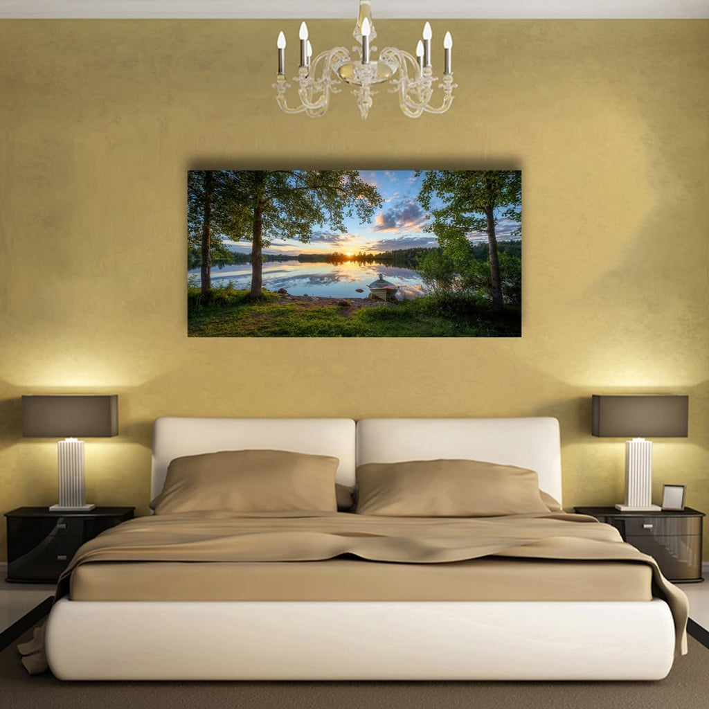 Tree Canvas Wall Art of a Sunrise Over a Forest Lake Nature Inspired Painting Perfect for Wall Decoration