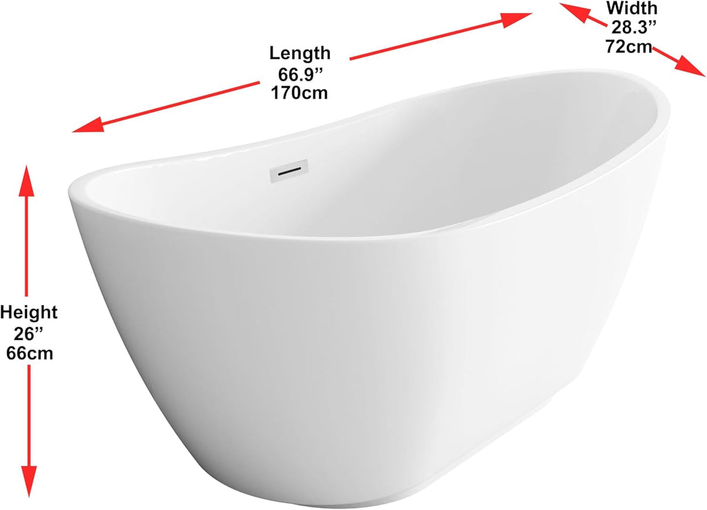 Elodie 67 Inch Soaking Bathtub, Modern Style, Glossy White