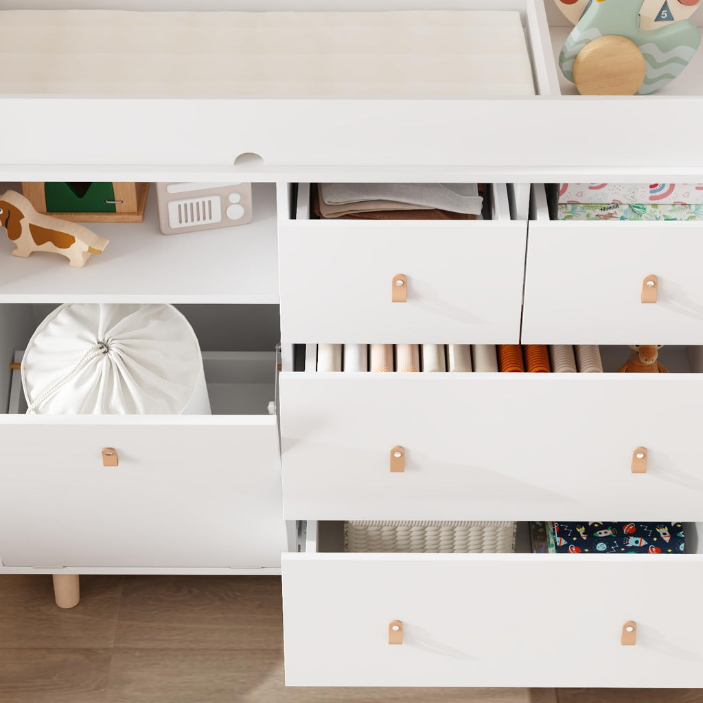 Baby Changing Table Dresser with 5 Drawers, Baby Nursery Dresser with Tilt Out Laundry Basket, Infant Changing