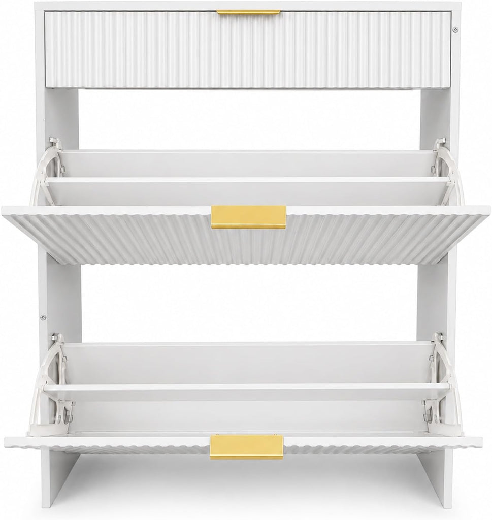 Narrow Fluted Shoe Storage Organizer with Drawer,Gold Handles, Walnut | Shoe Storage Cabinet , Freestanding Drawer