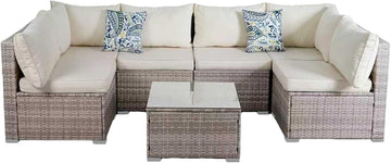7 Piece Patio Furniture Sets, Rattan Conversation Sectional Set with Glass Table Outdoor Patio Sofa with Thick