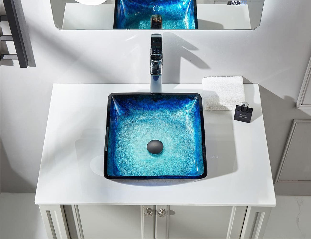 Blue Lotous Square Tempered Deco Glass Vessel Bathroom Sink in Lustrous Blue | Top Mount Sinks Above Countertop |