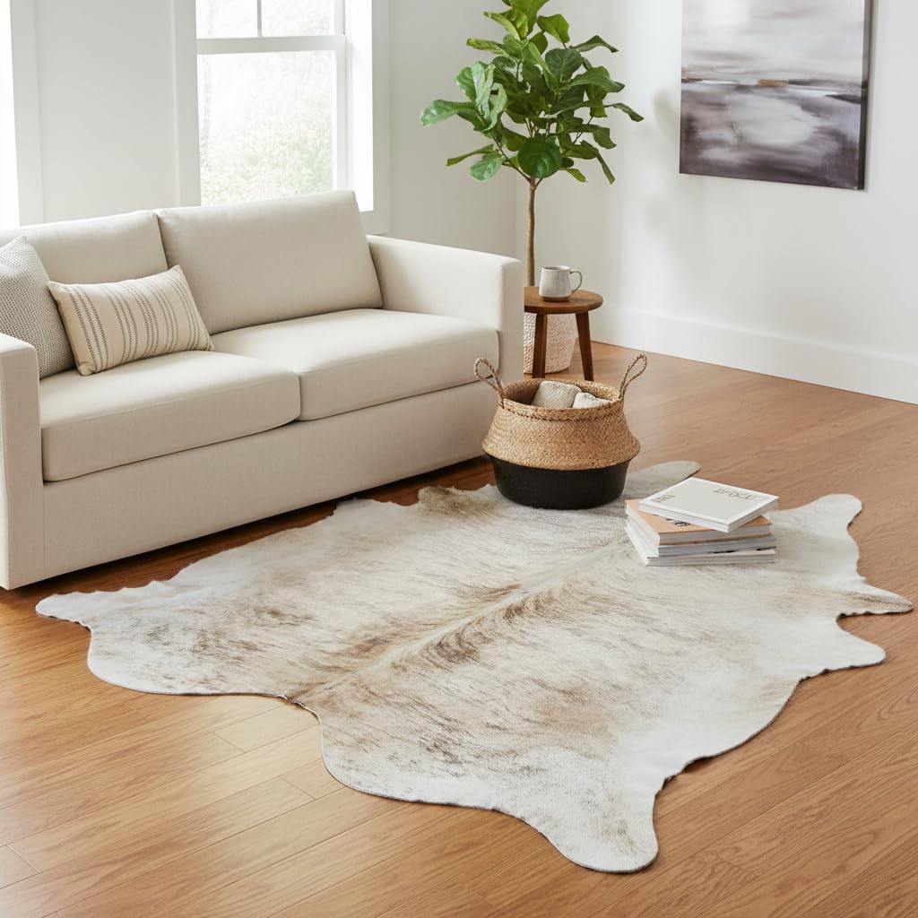 Premium 100% Genuine Cowhide Rug (5-7 Ft) Hand-Picked Light Brindle Leather Area Rug, Cozy, Unique, and Durable
