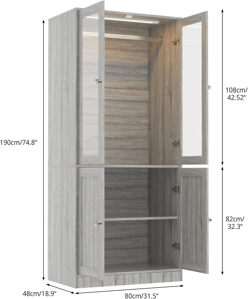 75" Tall Armoire Wardrobe Closet with 2 Glass Doors | Adjustable 3-color Lighting, Clothing Storage Cabinet with