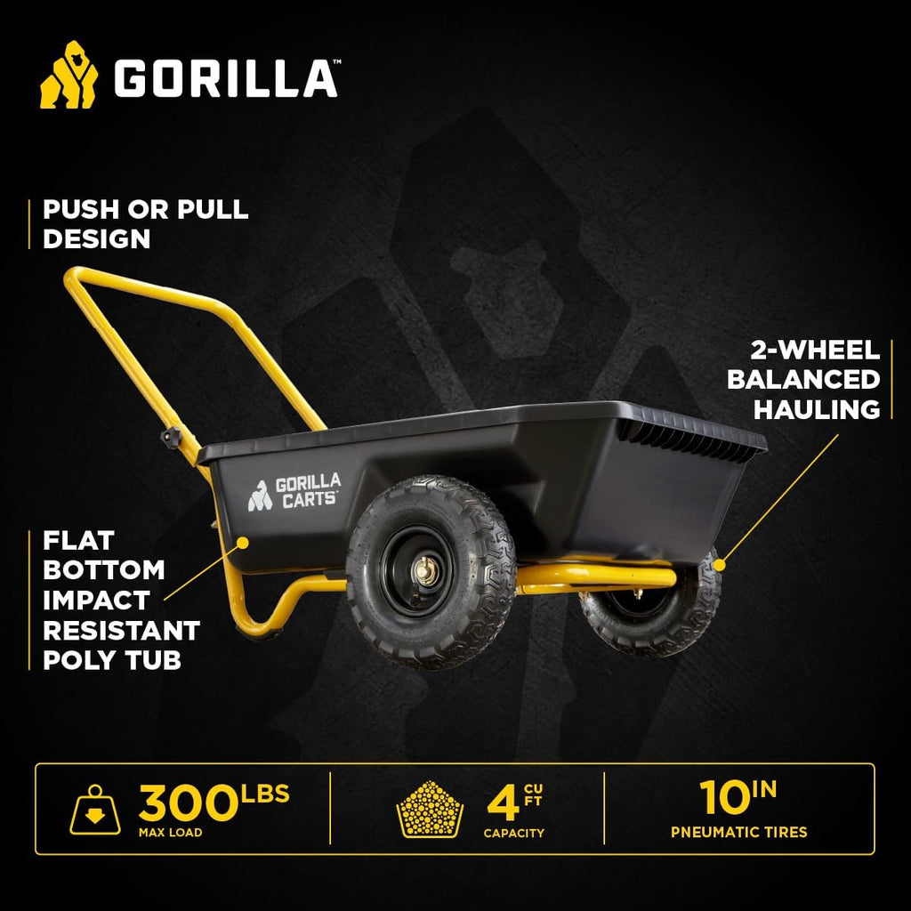 Poly Dump Cart, 2-Wheel Garden Wagon, 4 Cu Ft, 300lb Capacity | Foldable Handle, Push or pull design, Low center of