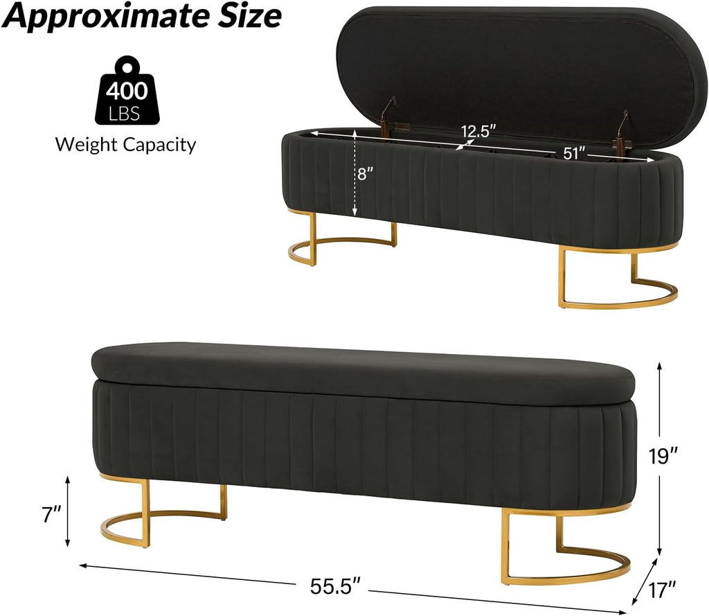 55.5" Storage Bench Ottoman End of Bed Bench Bedroom Bench, Upholstered Velvet Long Window Bench Large King Size with
