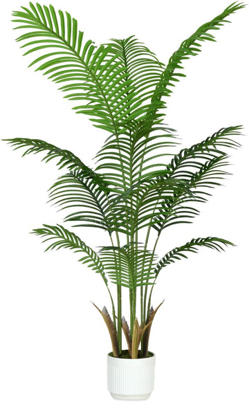 4FT Artificial Palm Tree Indoor with White Pot, Realistic Leaves, 9 Trunks Adjustable Branches, Tall Faux Fake Palm