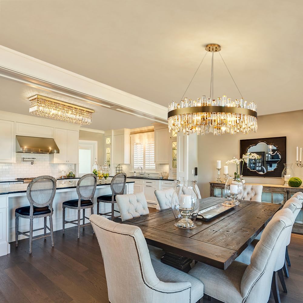 Rectangular Gold Crystal Chandelier, 8-Light Modern Dimmable K9 Crystal Raindrop Chandelier, Luxury Rectangle Flush