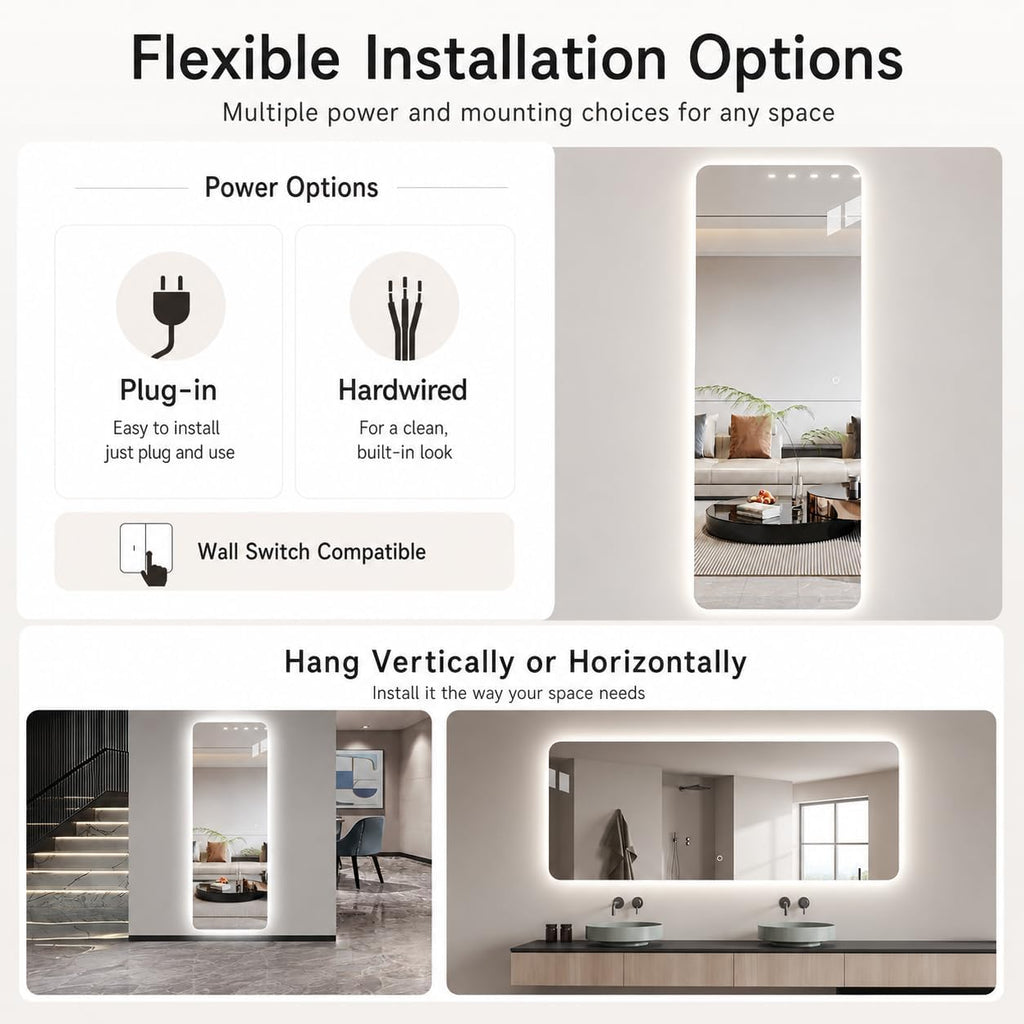 65" L x 24" W Rectangular Frameless LED Full Length Mirror with Lights, Rounded Corner Full Body Wall