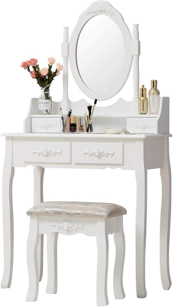 Makeup Vanity Table Set and Cushioned Stool with Oval Mirror, 4 Drawers Dressing Table (White)