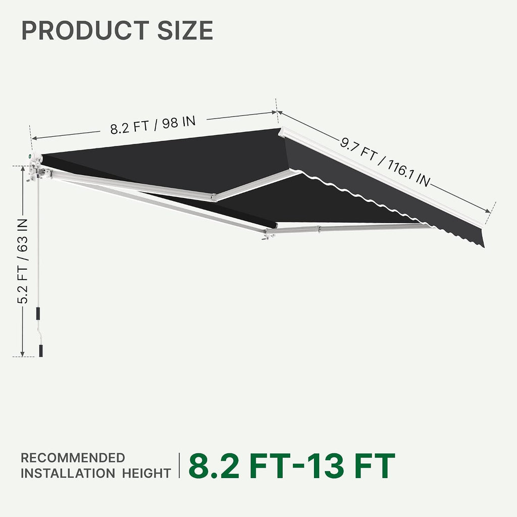 10'x8' Patio Manual Retractable Awning Fully Assembled, Dark Grey | Aluminum Frame, 280G Polyester, Water-Resistant