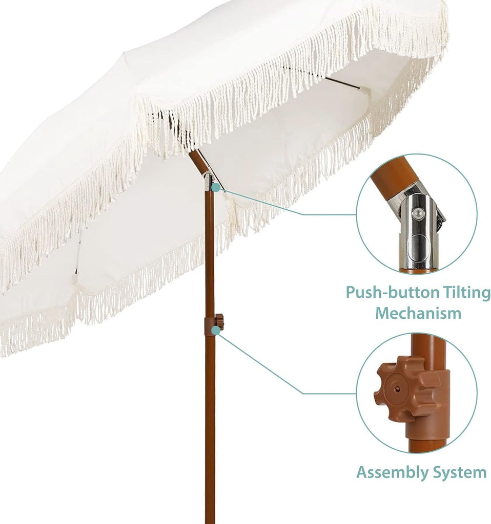 7ft Patio Umbrella with Fringe Outdoor Tassel Umbrella UPF50+ Premium Steel Pole and Ribs Push Button Tilt, Cream White