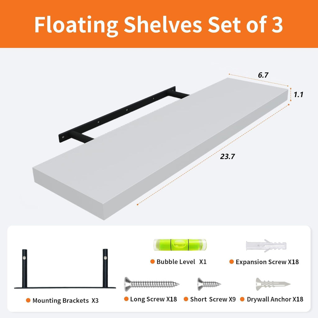Floating Shelves for Wall Set of 3, 24" White Wall Shelves Decor, Frame Display White Floating Shelf