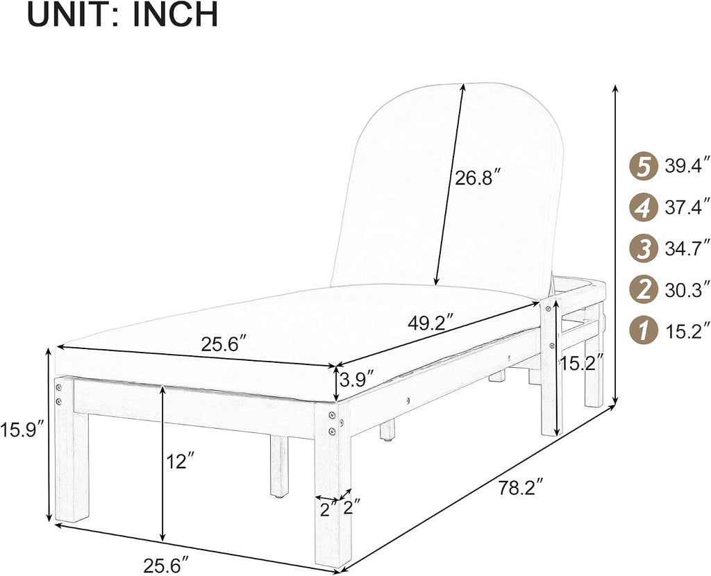 Acacia Wood Outdoor Chaise Lounge Set of 2, 5-Position Adjustable Patio Recliner with Arched Backrest & Thick
