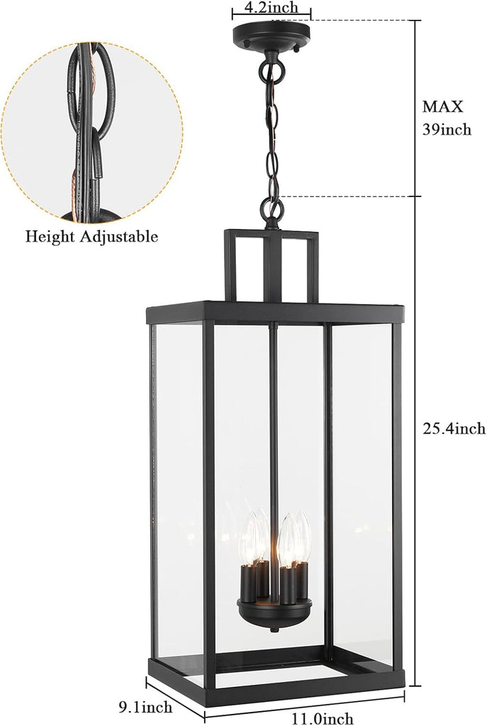 Outdoor Pendant Light, 25'' Large Hanging Lights Lantern Light, Modern Outside Chandelier with Clear Glass