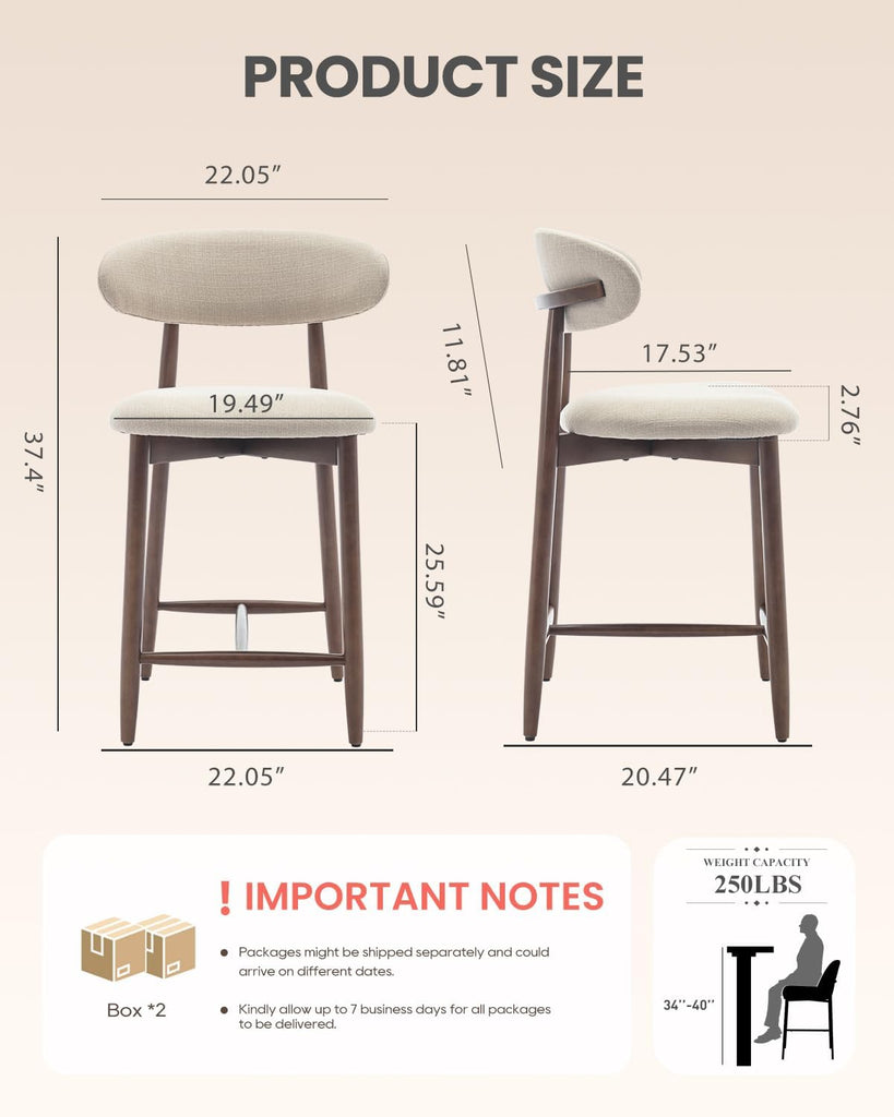Counter Height Bar Stools Set of 4, Kitchen Bar Stools with Back, Mid Century Modern Upholstered, with Wood Legs