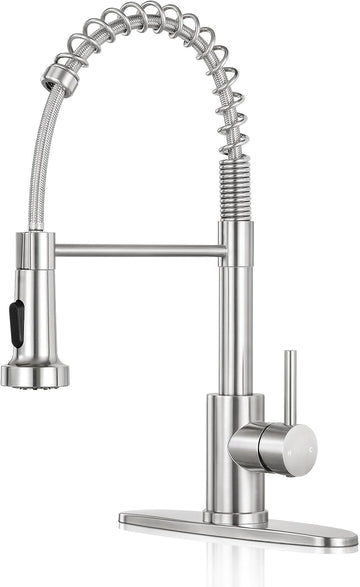 Kitchen Faucet with Pull Down Sprayer,Commercial Single Handle Stainless Steel Kitchen Faucets with Deck Plate (Brush