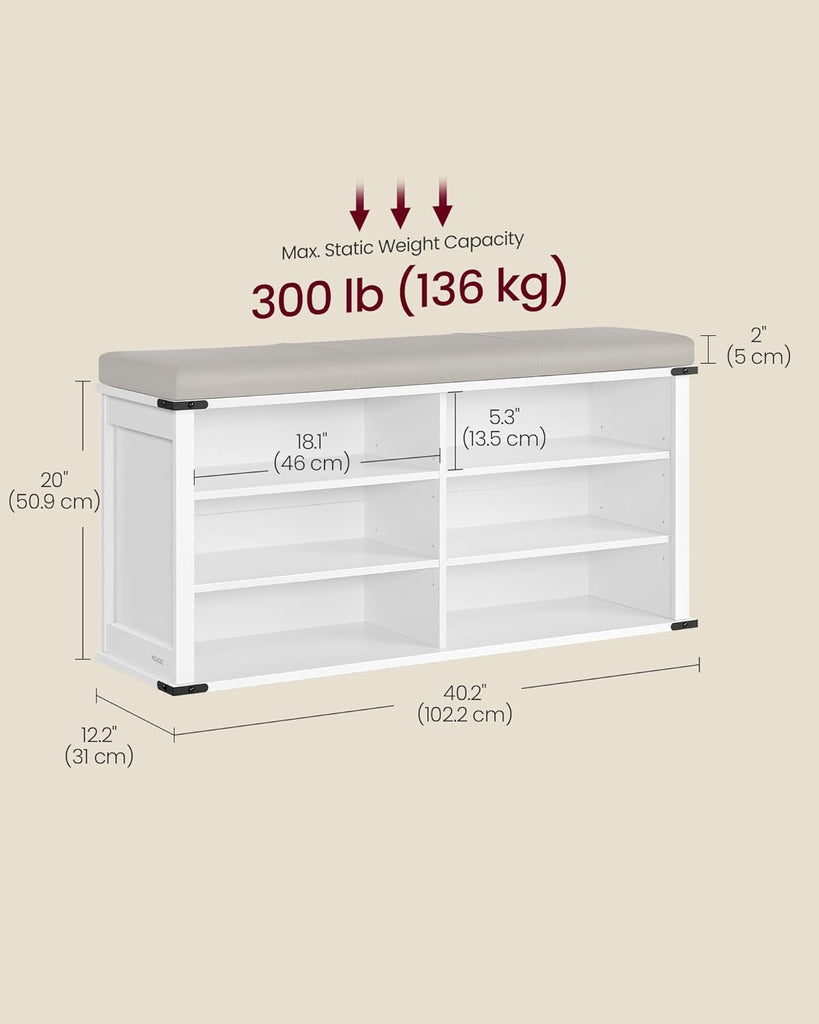 Shoe Storage Bench with Removable Cushion, Shoe Rack with Padded Seat, Entryway Bench with 6 Open