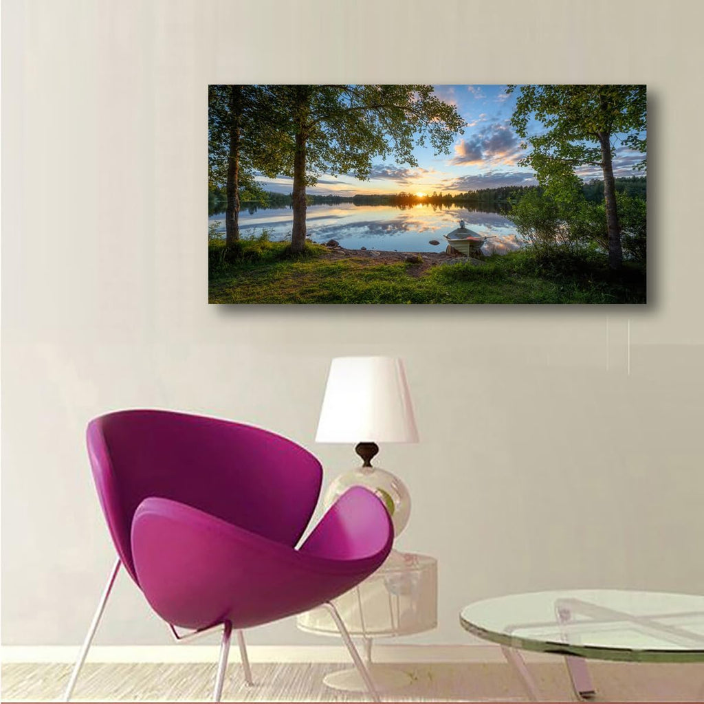 Tree Canvas Wall Art of a Sunrise Over a Forest Lake Nature Inspired Painting Perfect for Wall Decoration