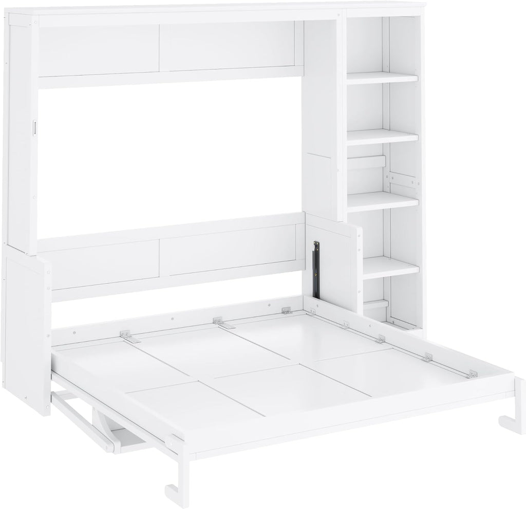 Queen Murphy Bed with Desk and Bookshelf, Space-Saving Design Foldable Wall Bed, Fold into The Wall, Pine Wood