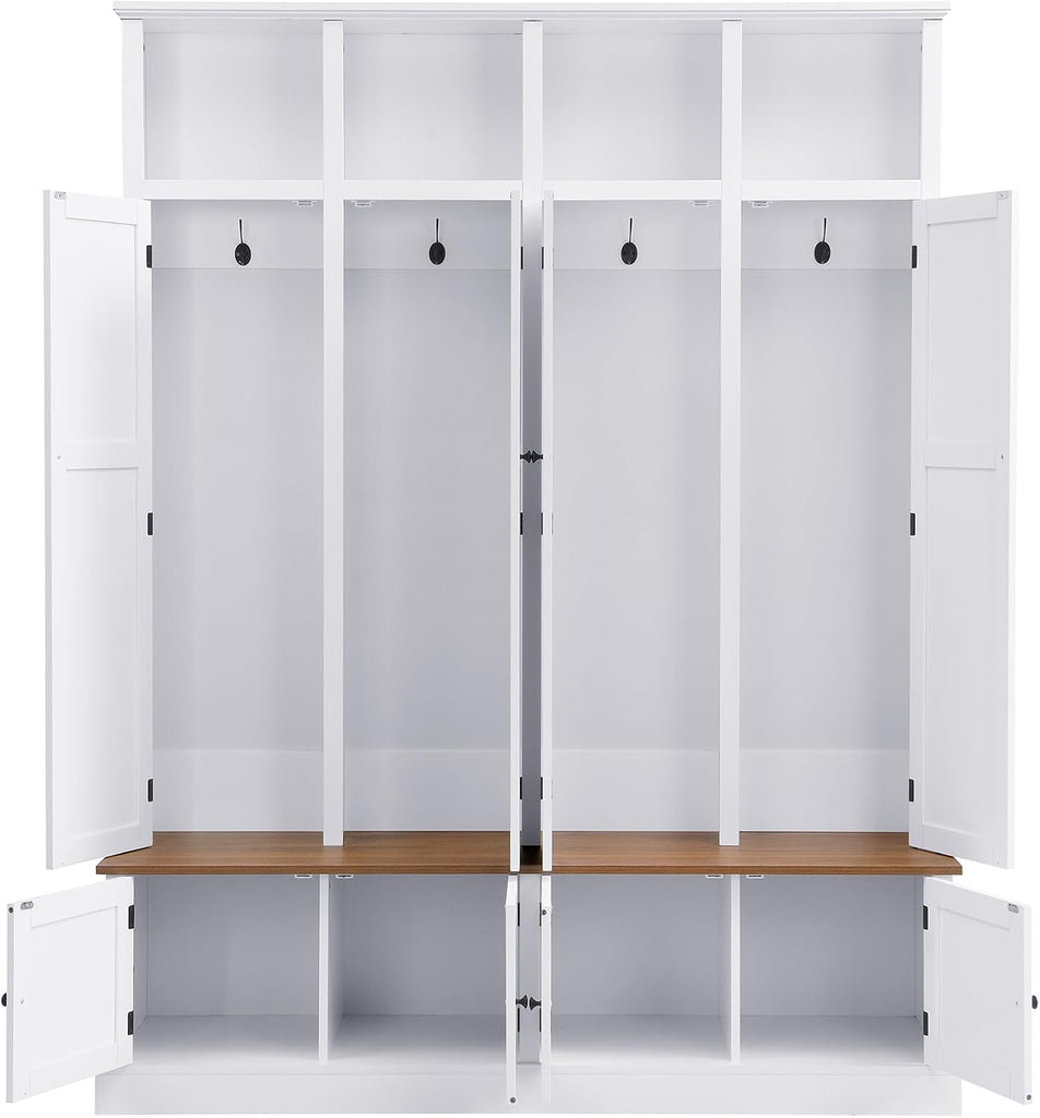 Farmhouse Hall Tree with Bench and Cabinet, 4-in-1 Entryway Storage Organizer with Rack, Shoe Storage and Hooks for
