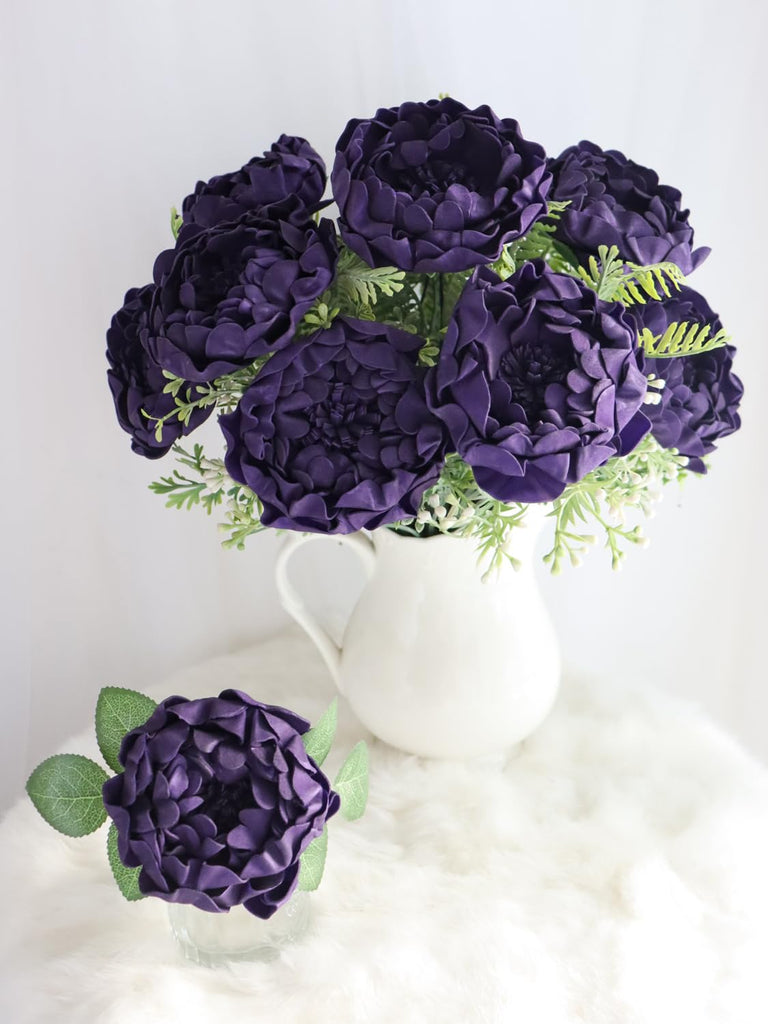 Artificial Flowers 16PCS 4" Deep Purple Blooming Peonies Fake Roses with Stem for DIY Wedding Bouquets Centerpieces