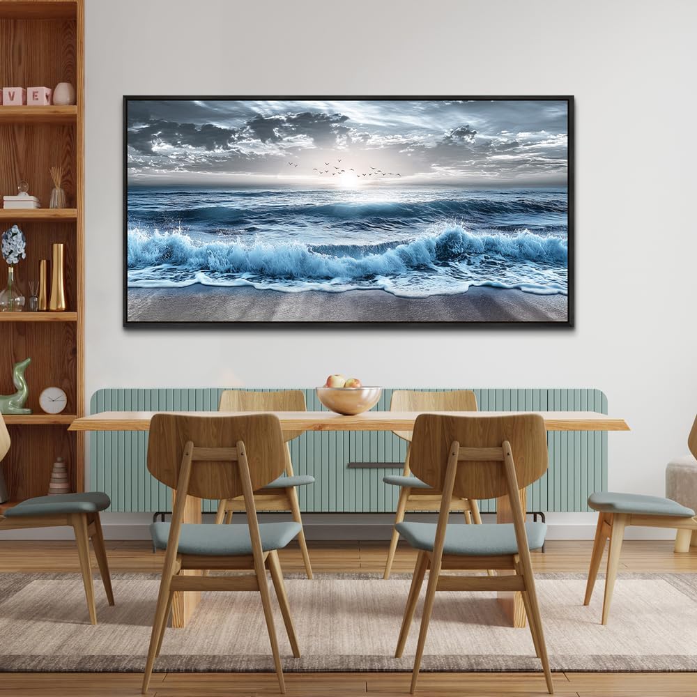Large Wall Decor Wall Art Office Decor Blue Beach Sea Wave Paintings Sunrise Ocean Seascape Wall Pictures Canvas