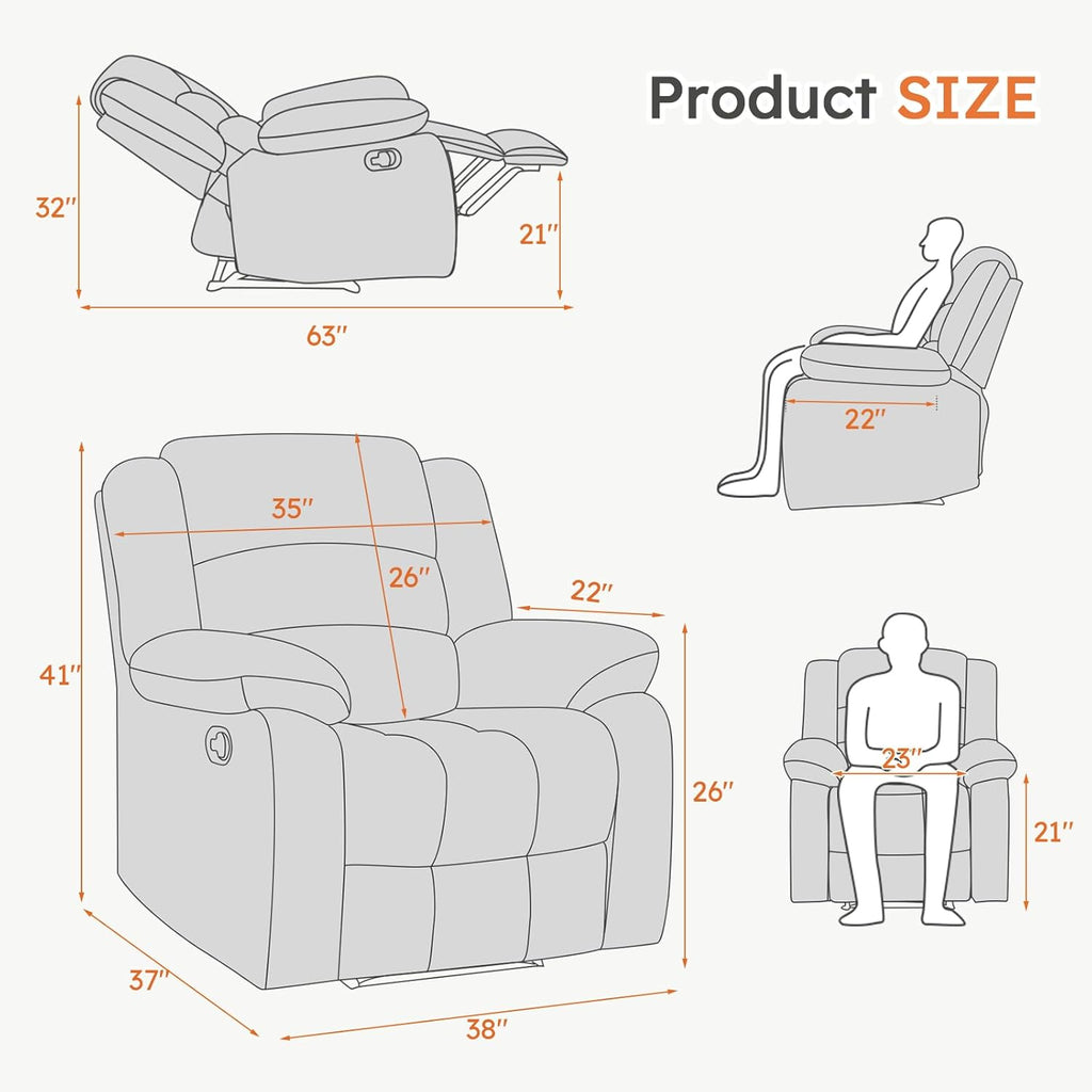 Traditional Recliner Chair, Breathable PU Leather, Extra Wide Manual Recliner with Overstuffed Arm and Back, Single
