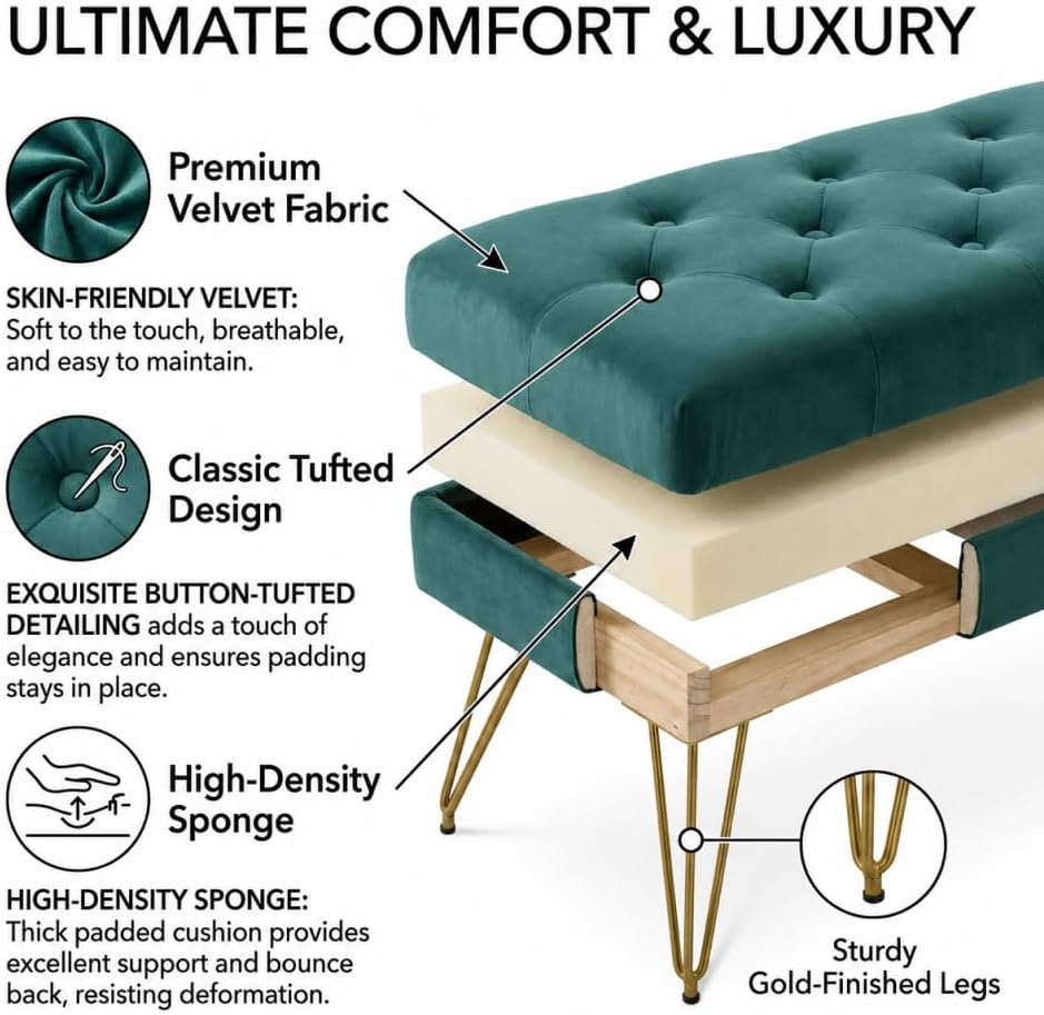 Velvet Button-Tufted Entryway Bench, 39.37" Modern Upholstered Bedroom Bench with Gold Metal Legs, Padded Rectangular