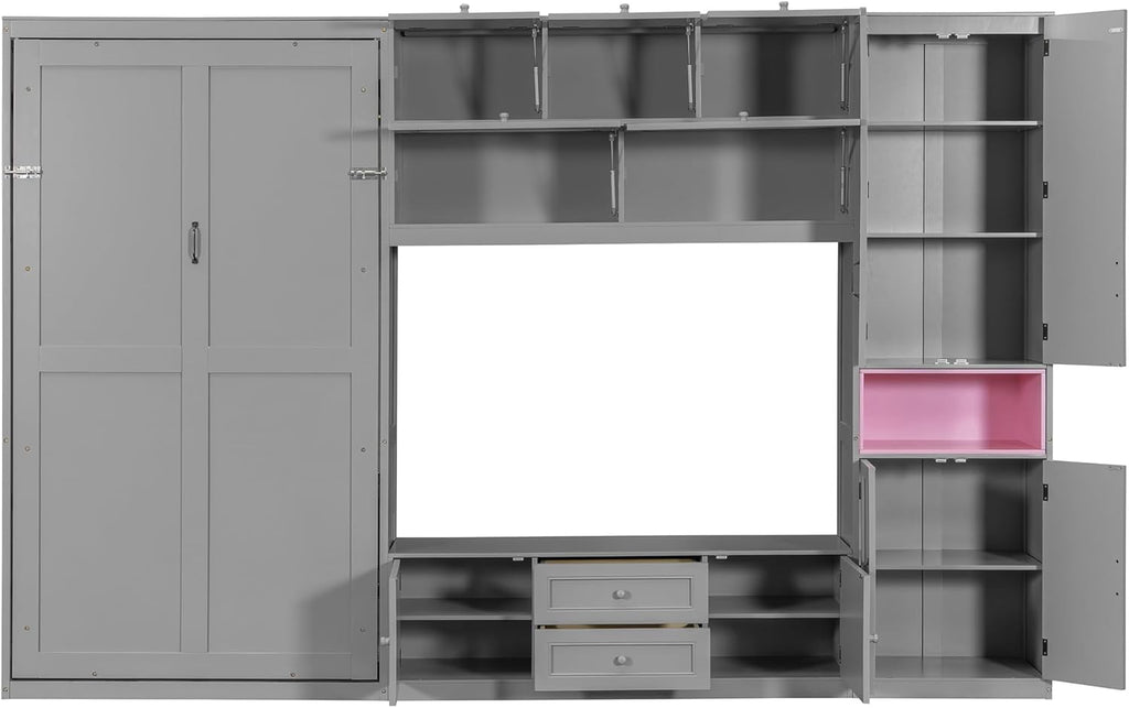 Twin Wooden Murphy Bed with TV Stand, Space-Saving Wall Bed Frame with 2 Drawers, Shelves, Cabinets, Foldable